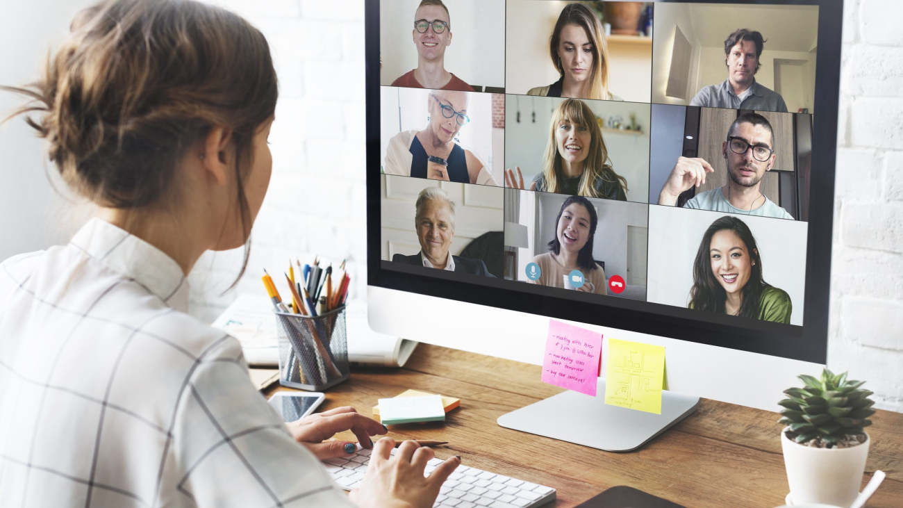 Woman in a video conference call in her home office during the coronavirus pandemic